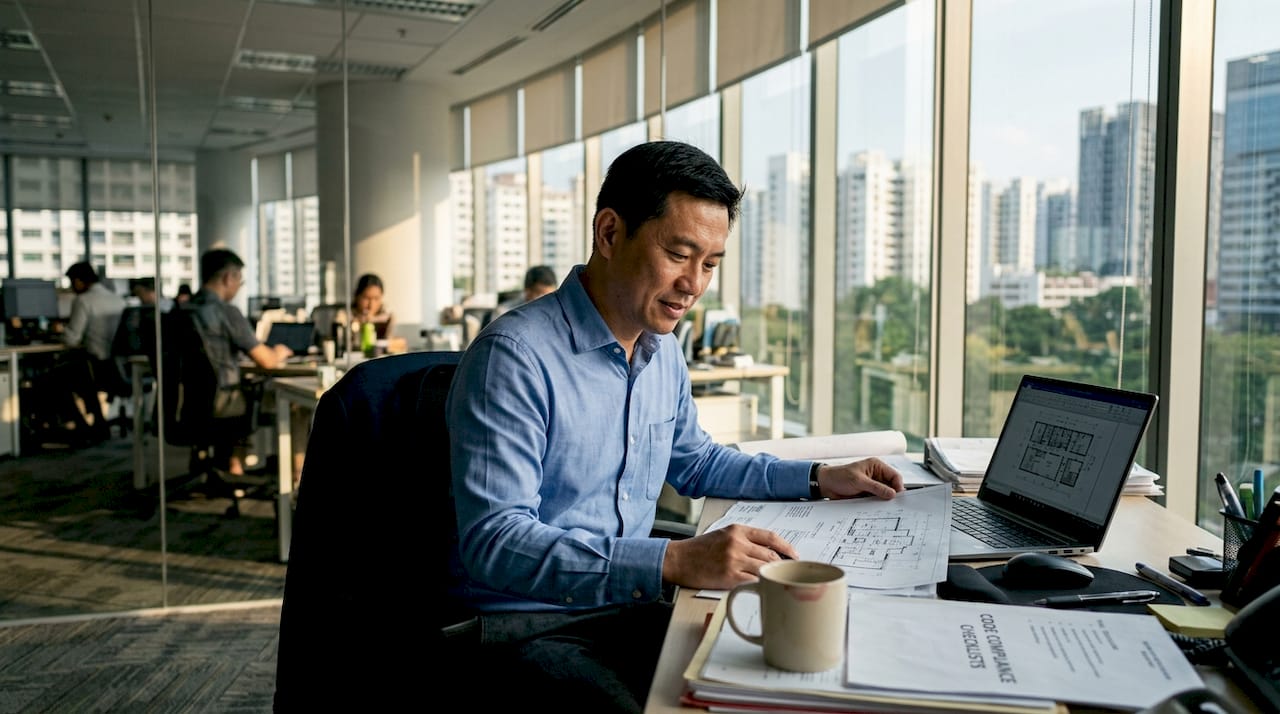 Developer reviewing compliance drawings in office