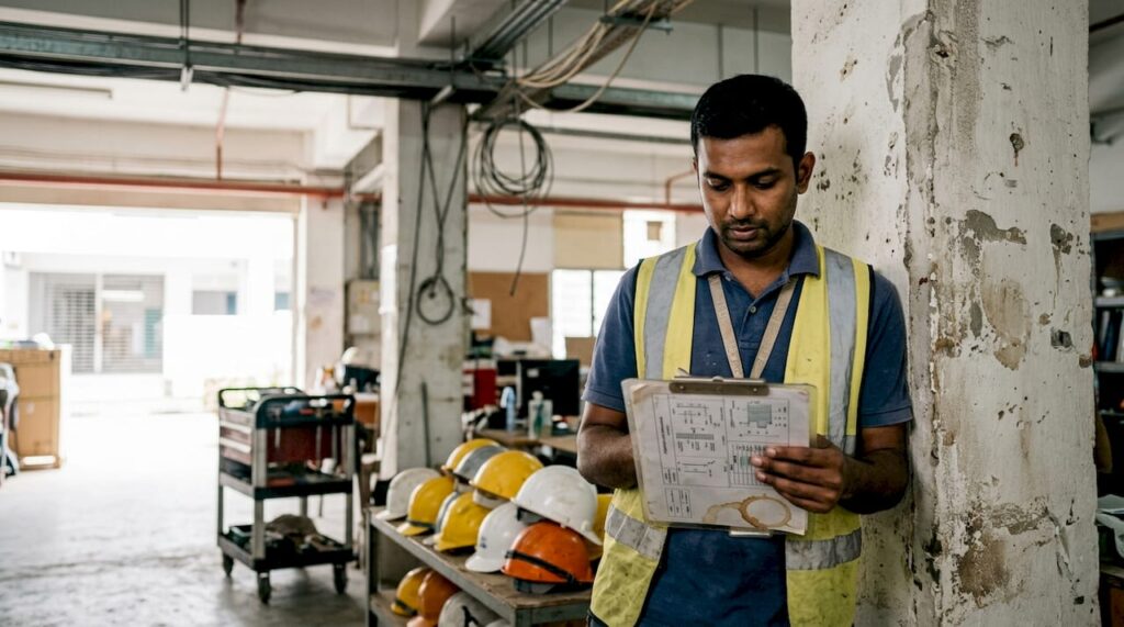 Engineer reviewing building plans in industrial site