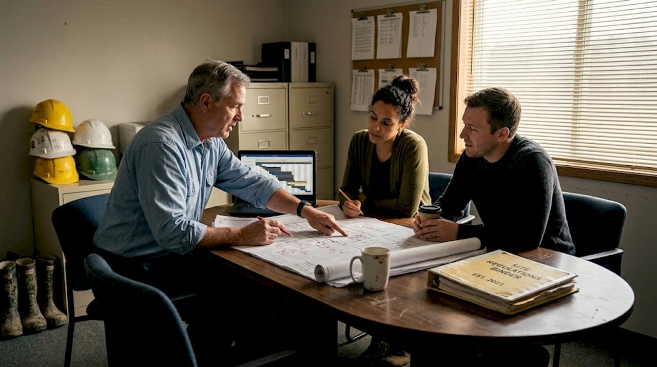 Project team reviewing construction blueprints