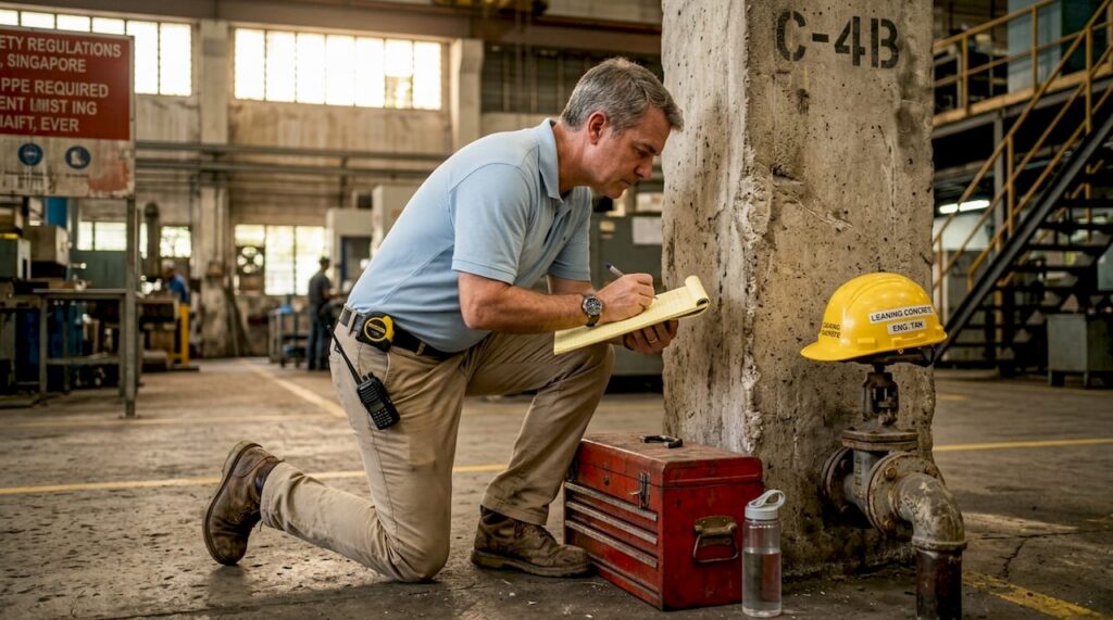 Engineer inspecting column at Singapore site