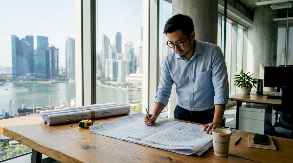 Singapore engineer reviewing blueprints in office