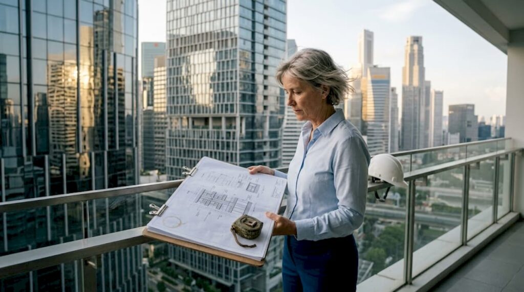 Engineer reviewing building facade design
