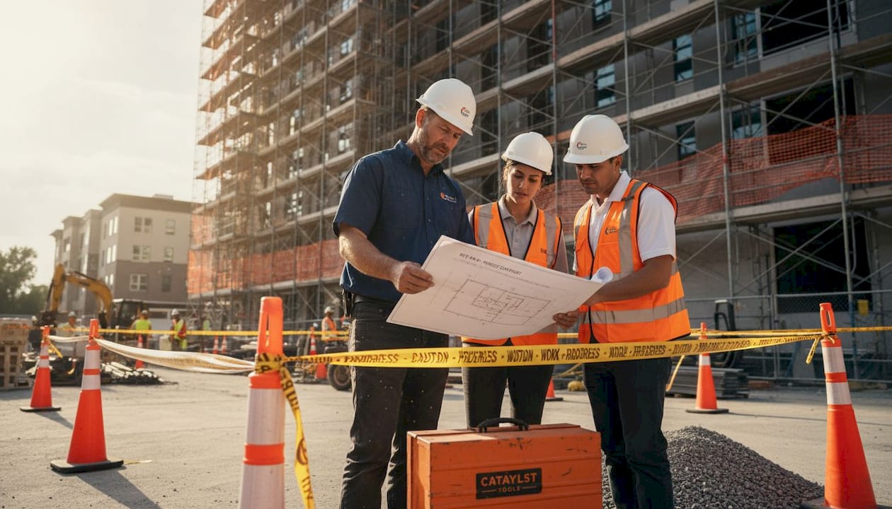 Construction team reviewing building compliance plan