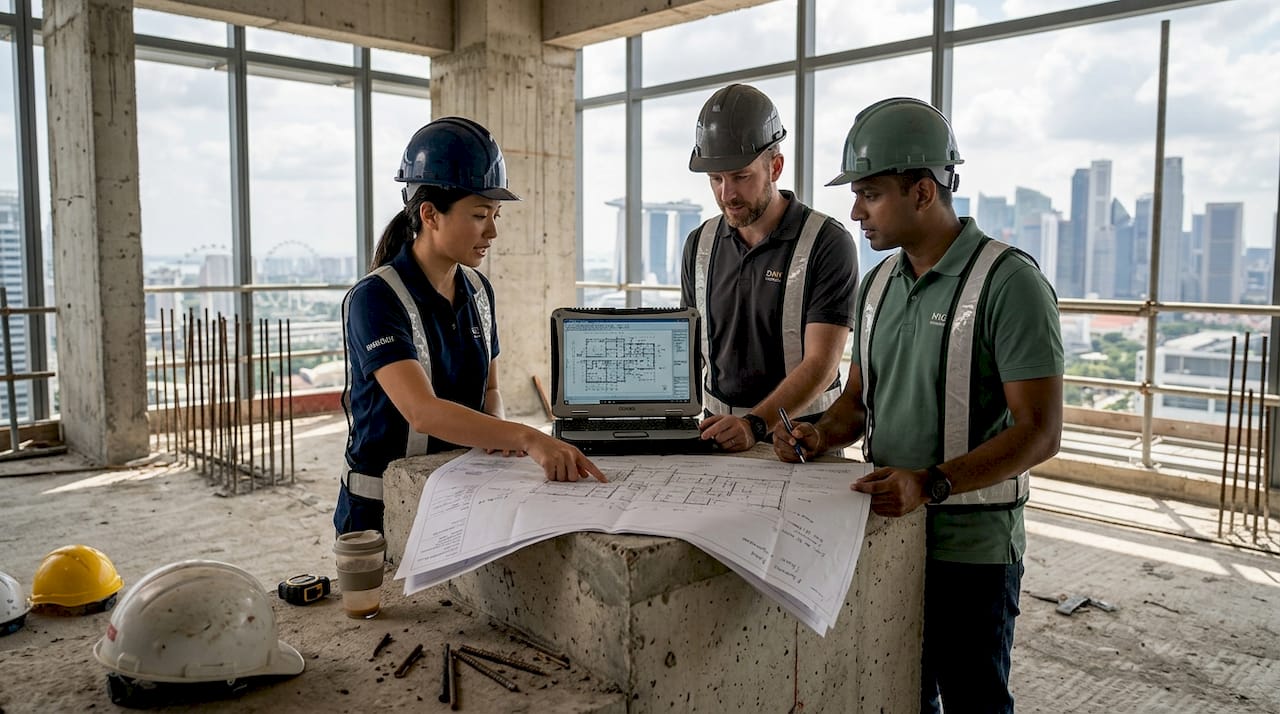 Managers reviewing digital plans onsite