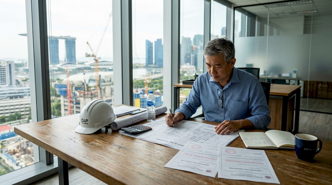 Developer reviewing structural documents in Singapore office