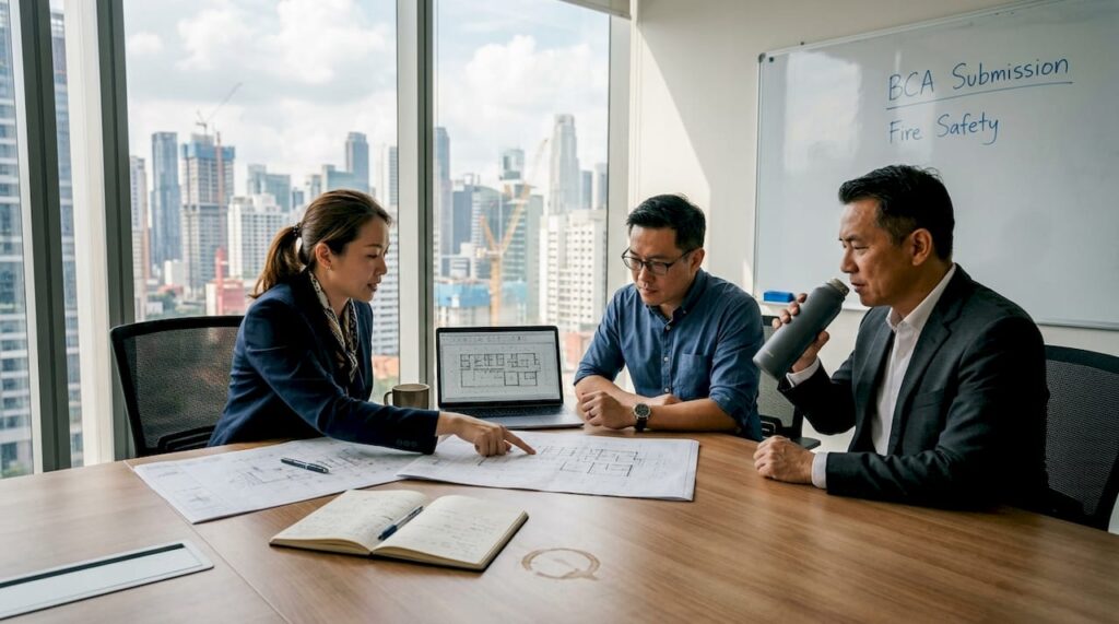 Team planning building renovation in office