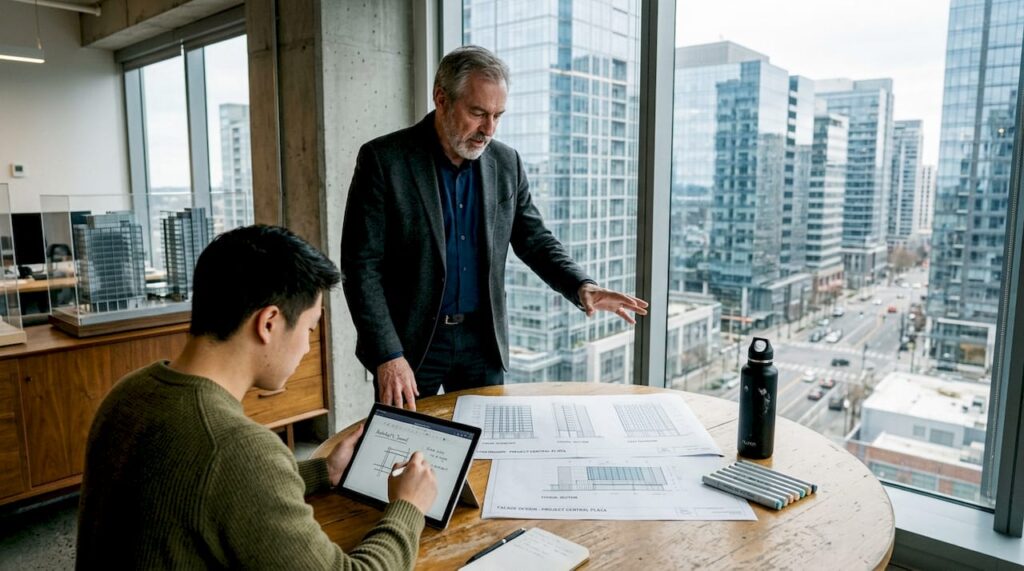 Architects reviewing building facade diagrams in office
