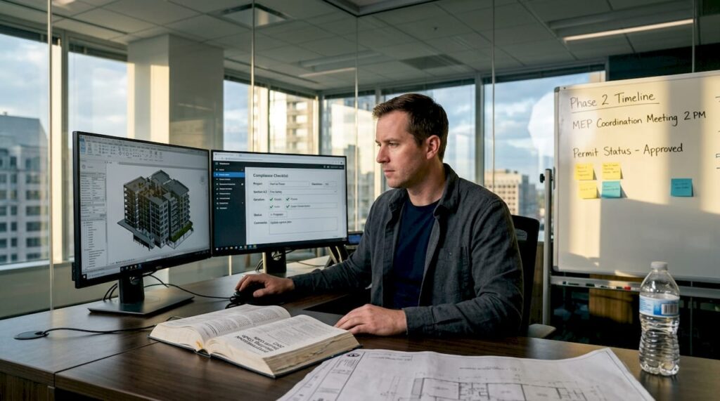 Project coordinator checking BIM model on dual monitors