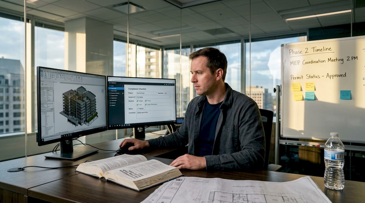 Project coordinator checking BIM model on dual monitors