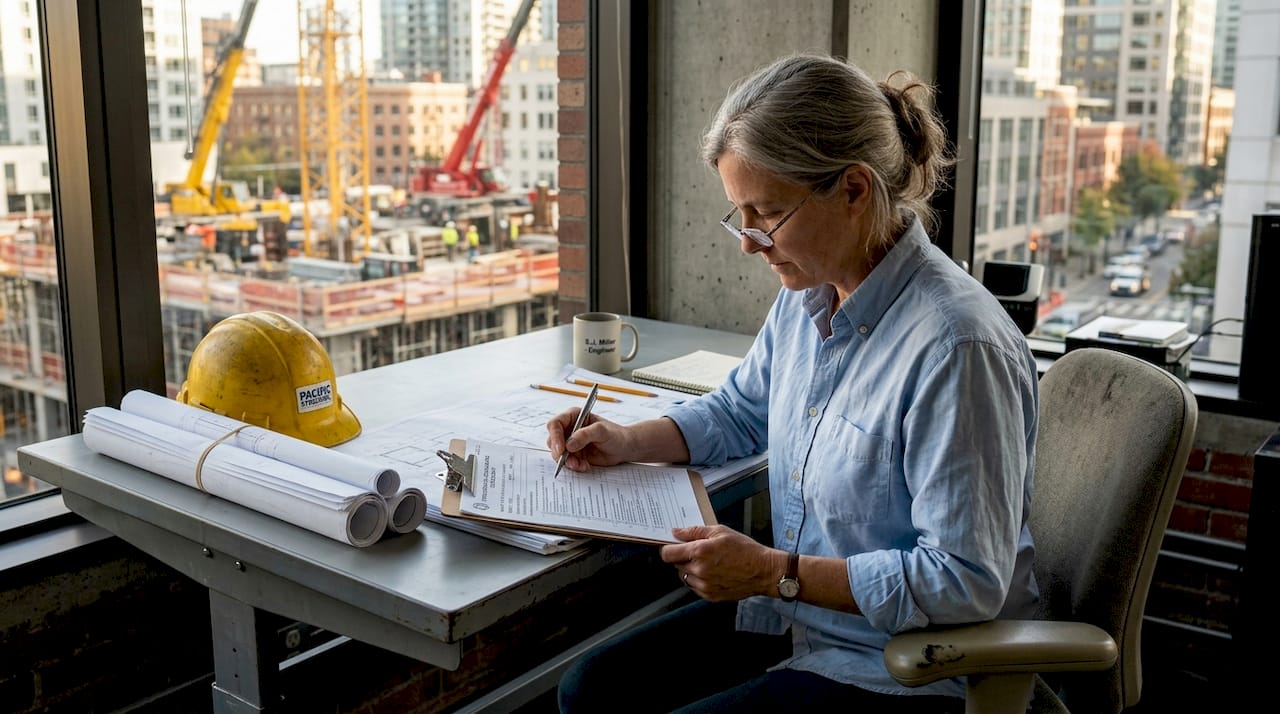 Engineer reviewing structural compliance checklist