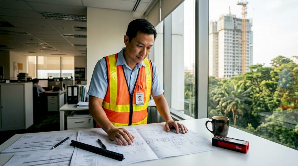 Singapore engineer reviews blueprints at job site