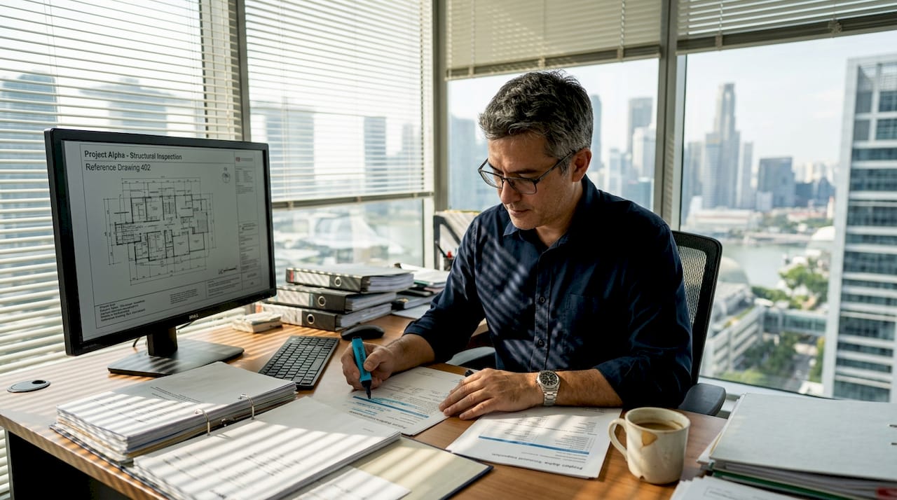 Engineer reviewing building inspection documents