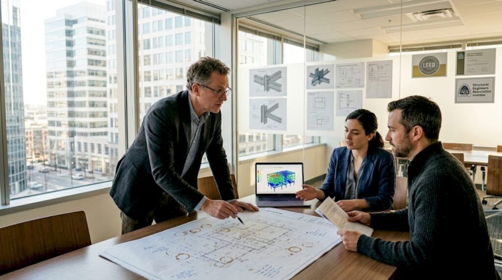 Structural engineers consulting in office setting