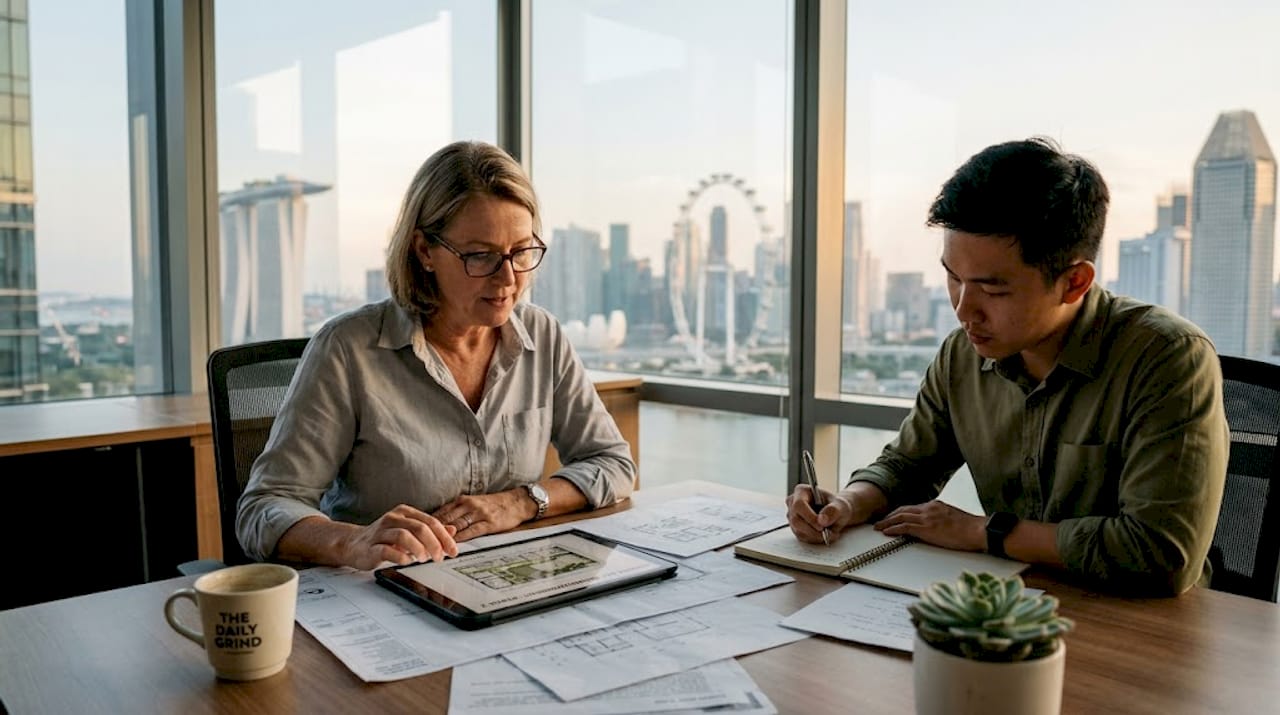 Project manager and colleague planning in Singapore office