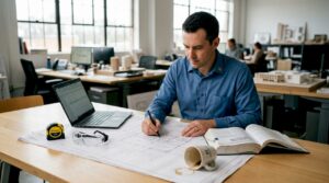 Engineer reviewing construction blueprints at project office