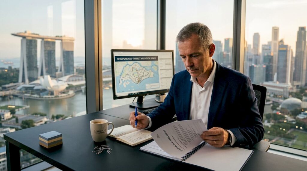 Developer reading valuation report in Singapore office