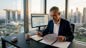 Developer reading valuation report in Singapore office