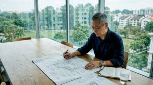 Developer reviews residential project plans in city office