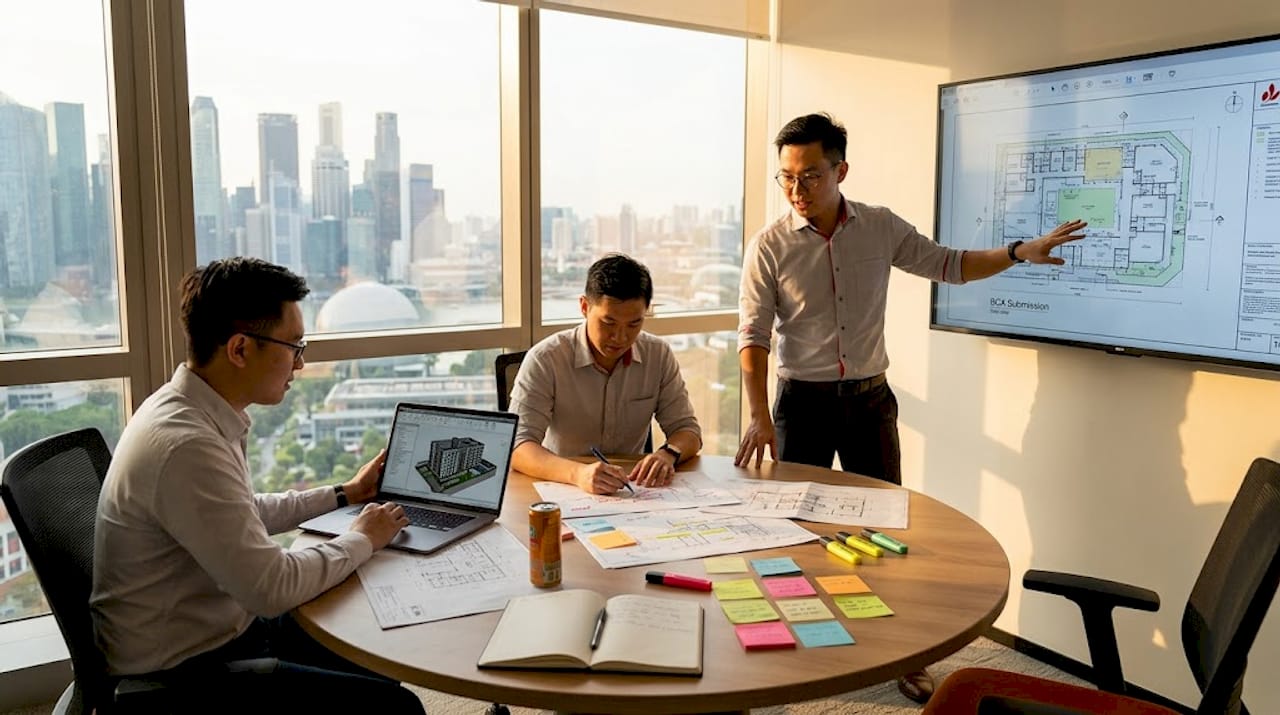Construction professionals collaborating over BIM model