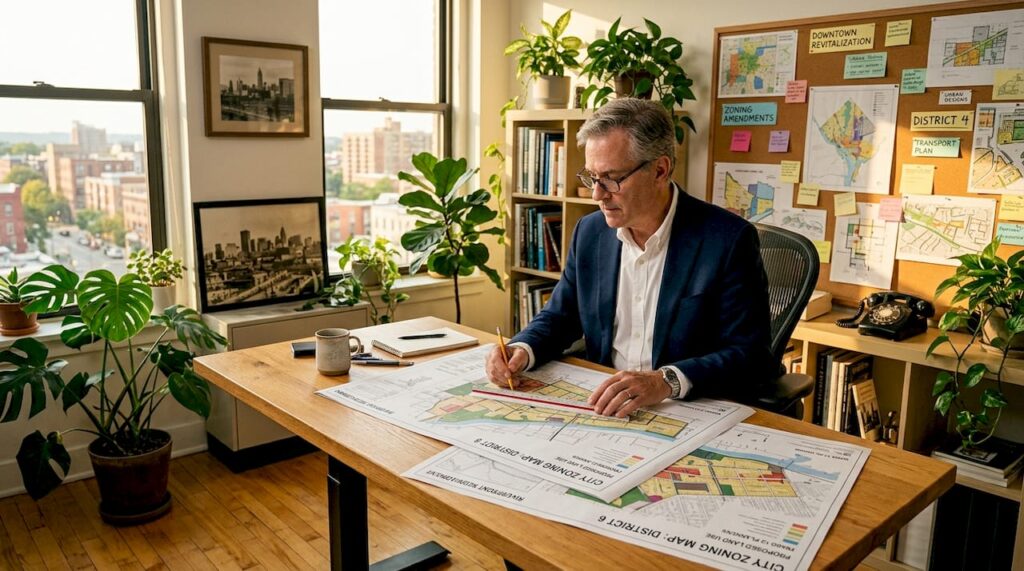 Urban planner reviewing large city zoning maps