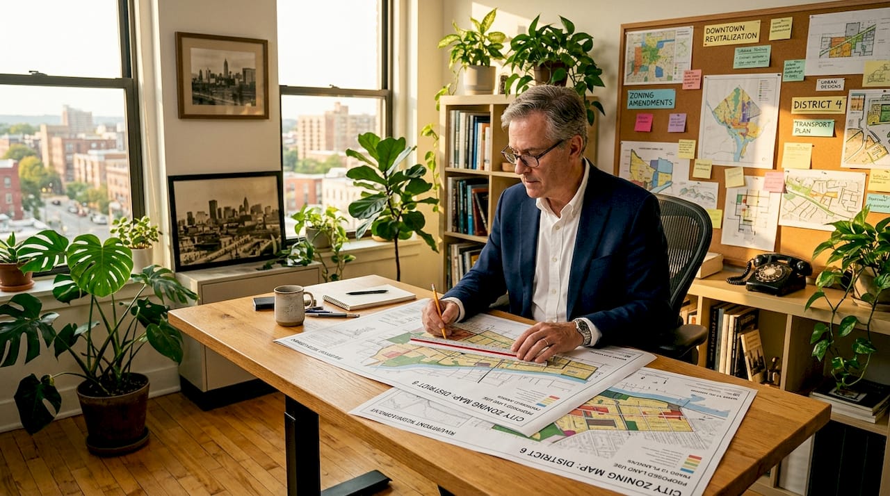Urban planner reviewing large city zoning maps