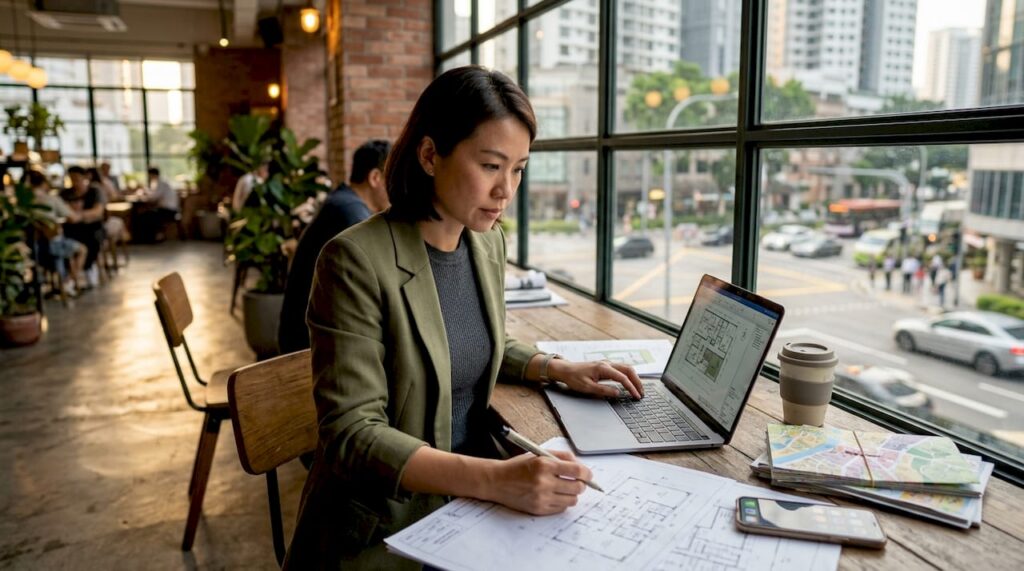 Architect reviews planning documents in office