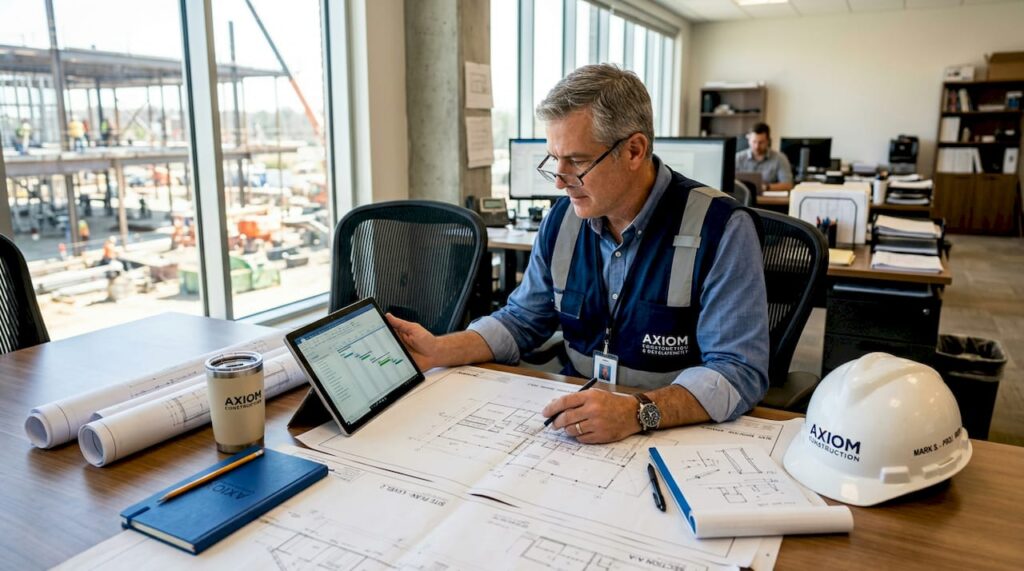 Construction manager reviews blueprints in office