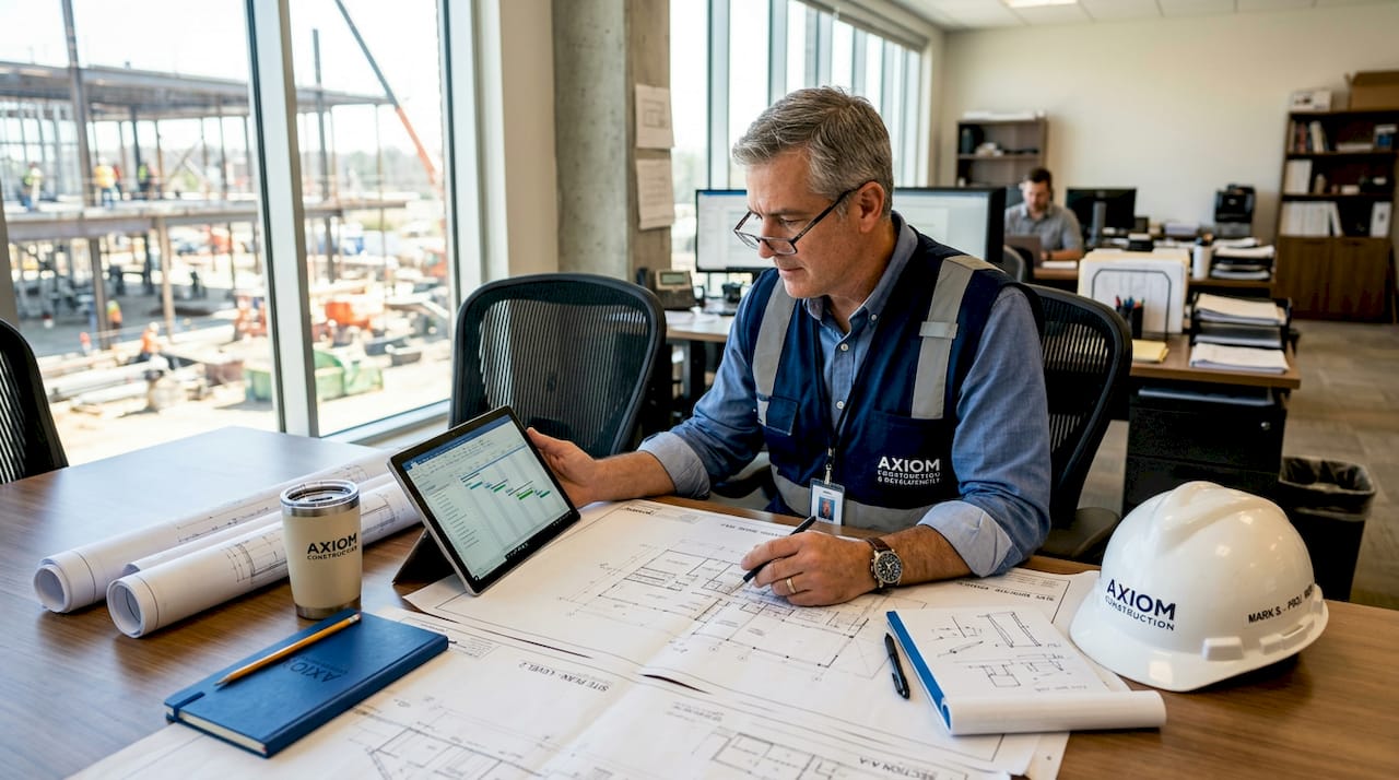 Construction manager reviews blueprints in office