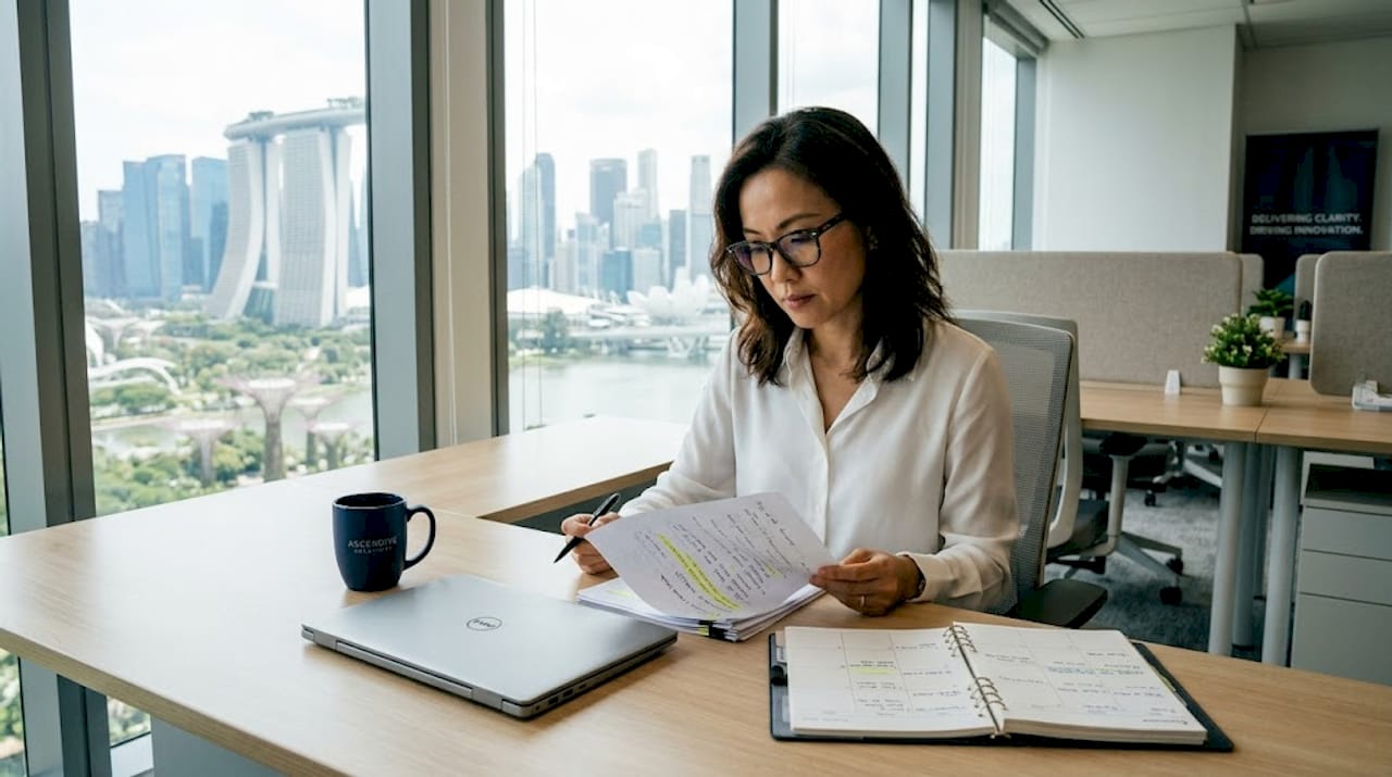 Project manager reviewing plans in Singapore office