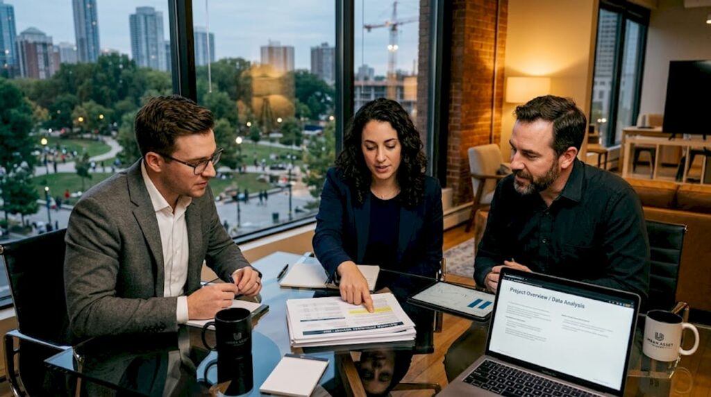 Professionals discuss building valuation in conference room