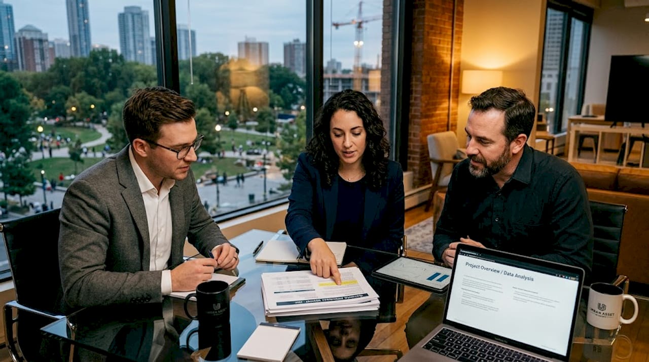 Professionals discuss building valuation in conference room