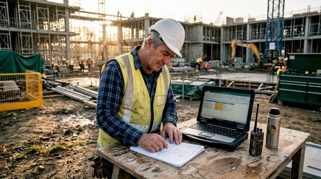 Site manager reviewing paper risk assessment documents