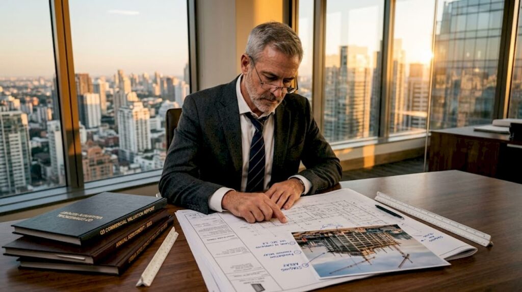 Construction consultant reviewing blueprints in office