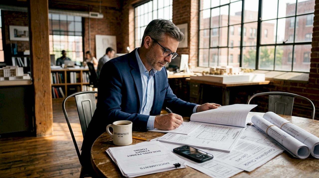 Architect reviewing building compliance paperwork