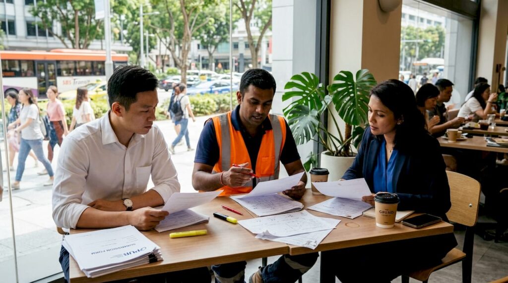 Singapore builders discussing PUB compliance paperwork