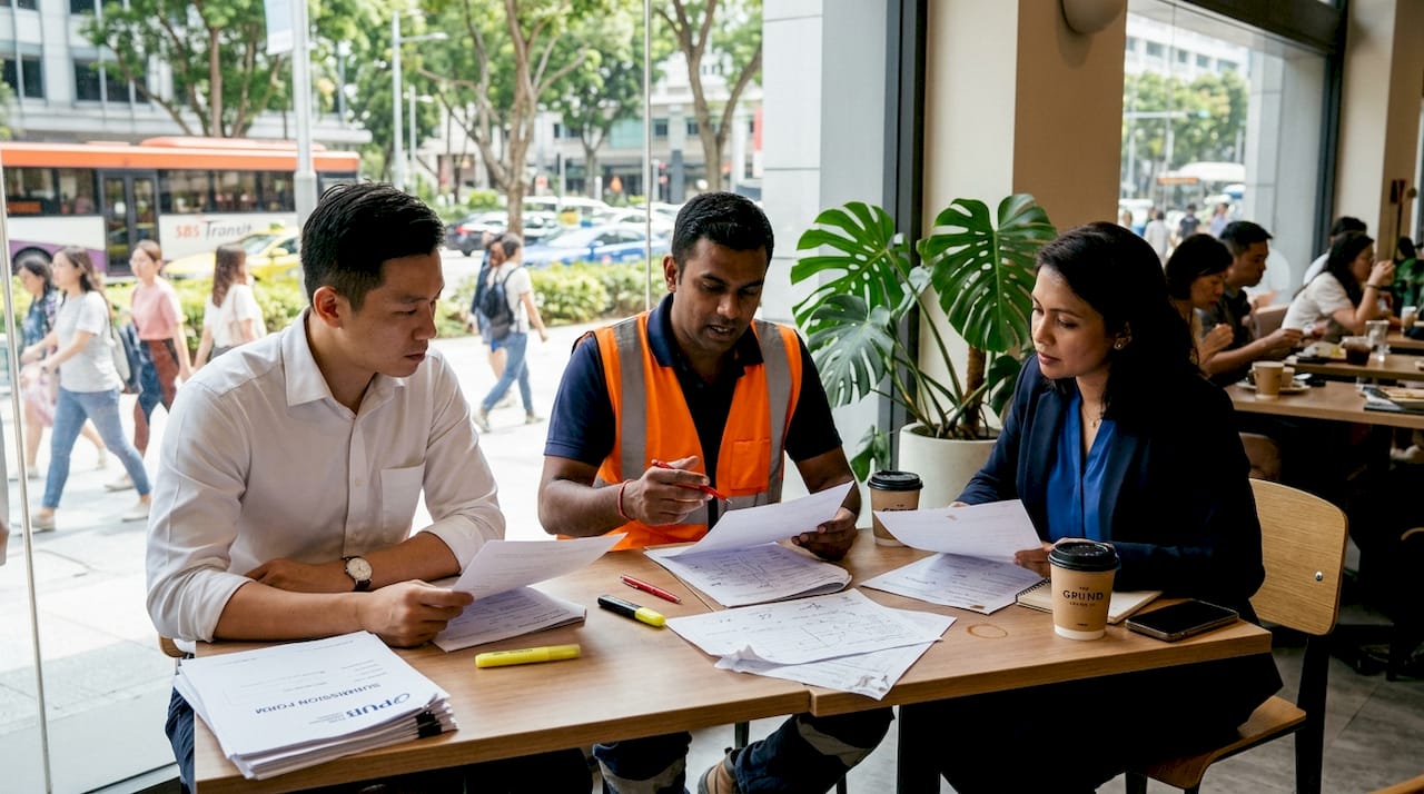 Singapore builders discussing PUB compliance paperwork