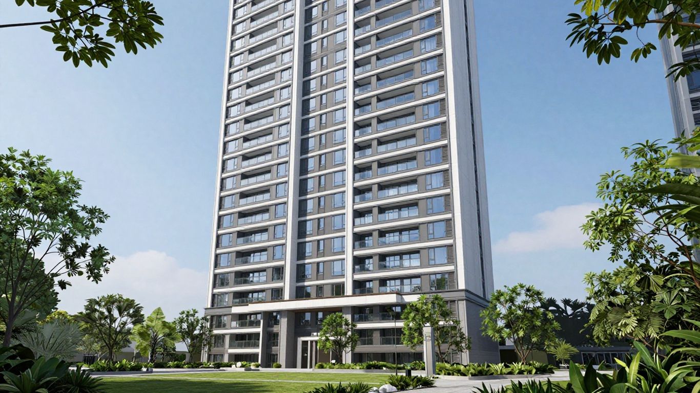 Modern Singaporean apartment building with green surroundings.