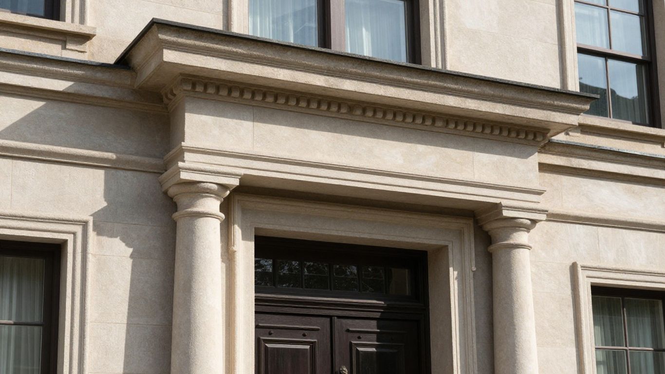 Residential building exterior and entrance for fire safety.