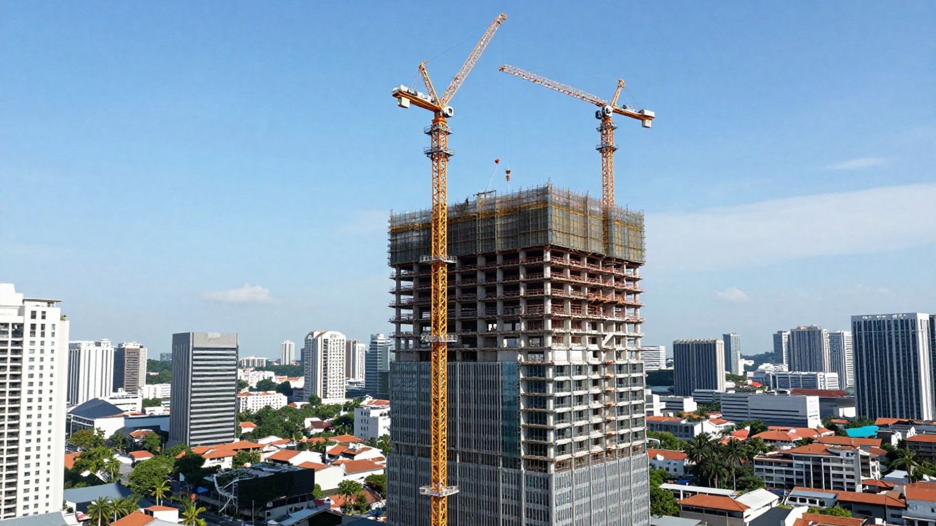 Singapore skyscraper construction with cranes and scaffolding.