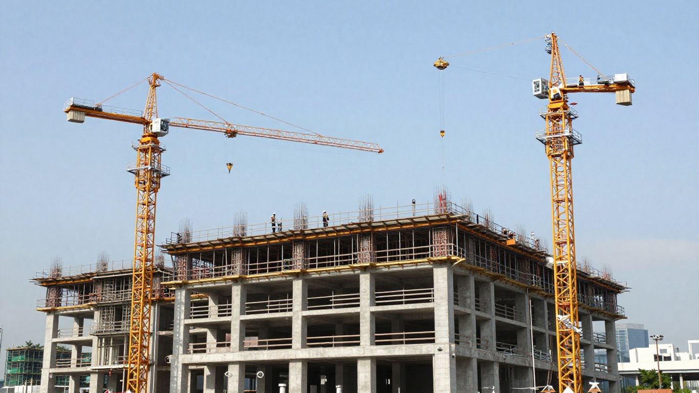 Singapore construction site with cranes and workers.