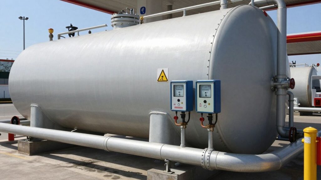 Industrial diesel tank with safety equipment outdoors