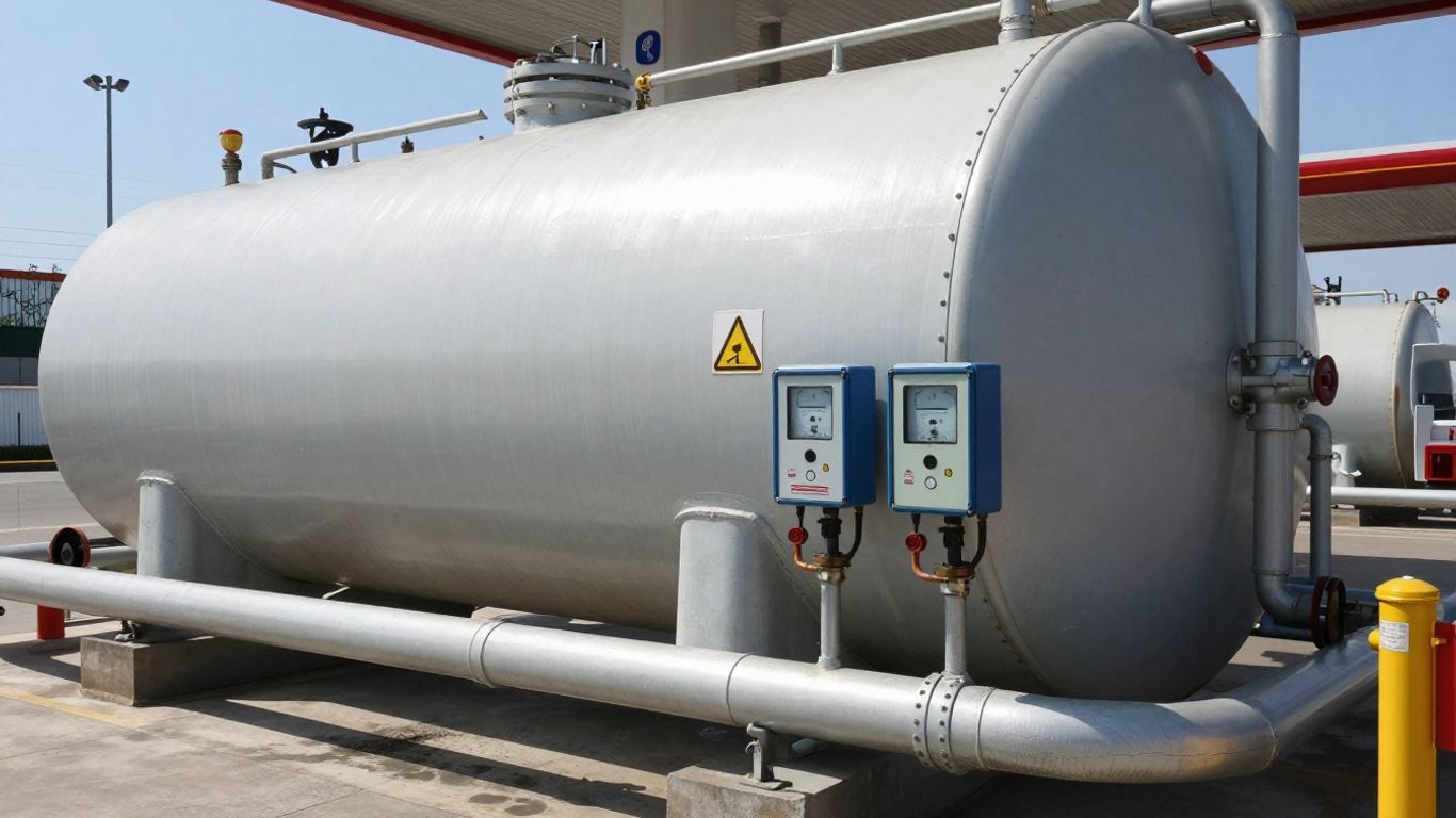 Industrial diesel tank with safety equipment outdoors