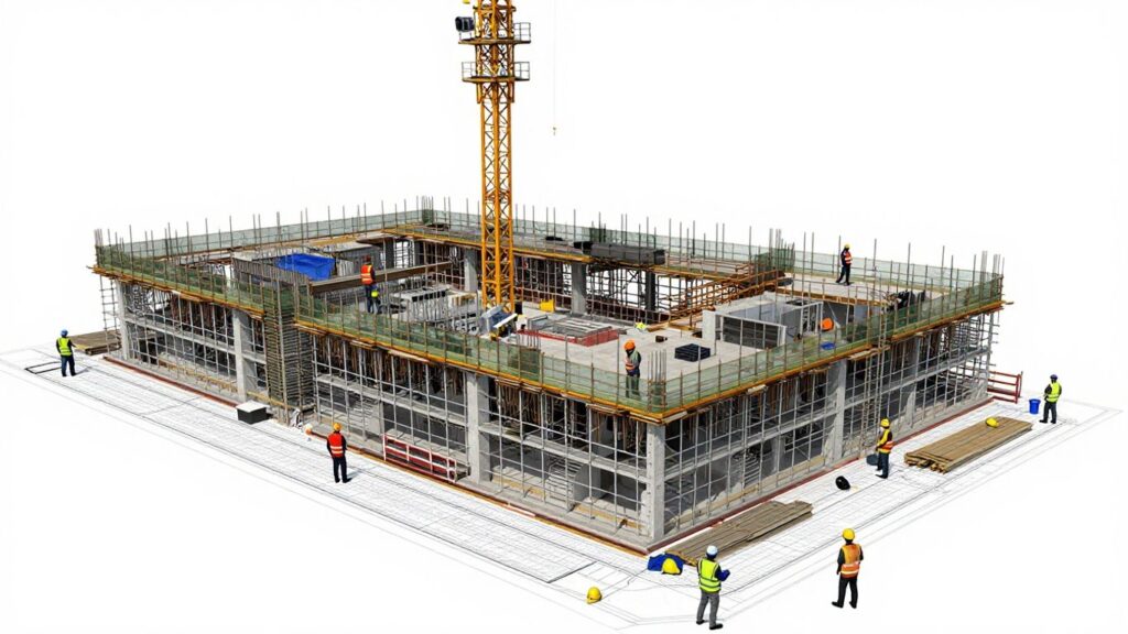 Construction site with safety gear and workers.