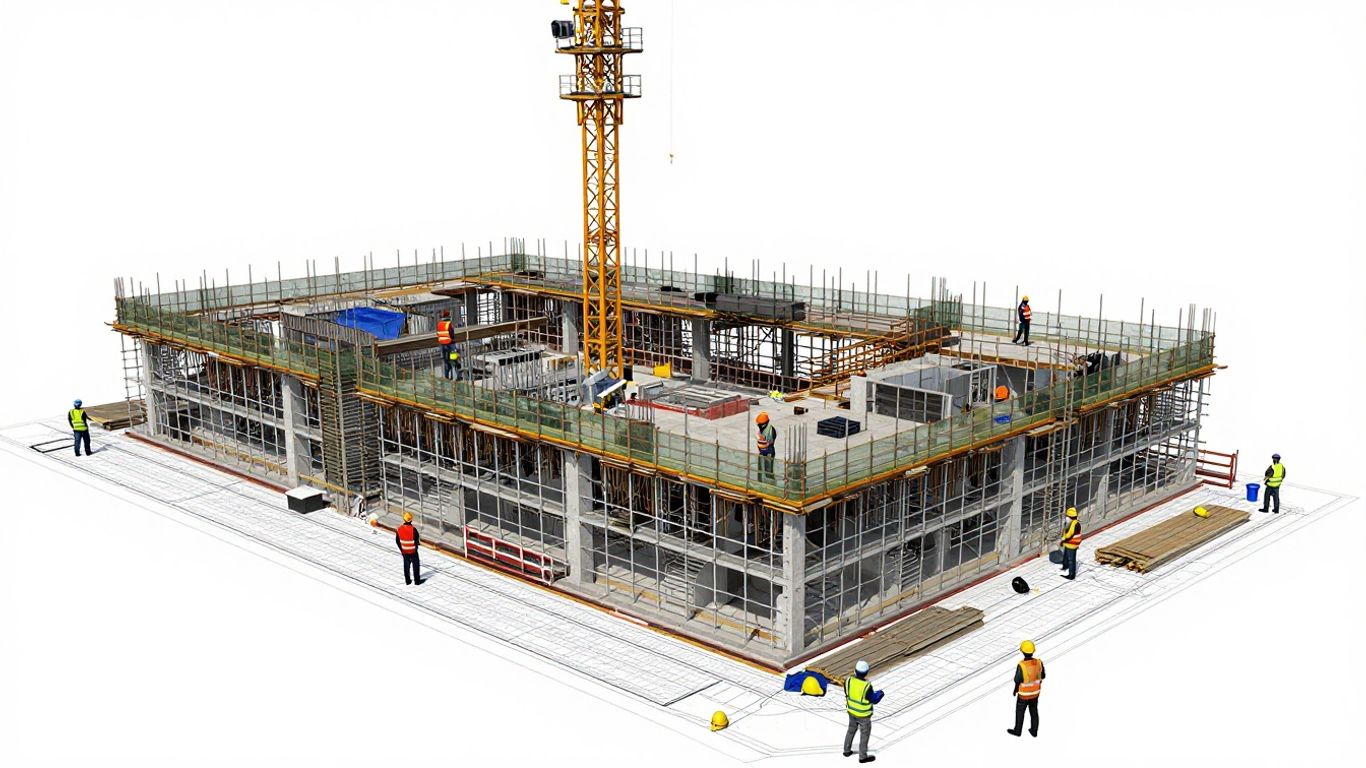 Construction site with safety gear and workers.