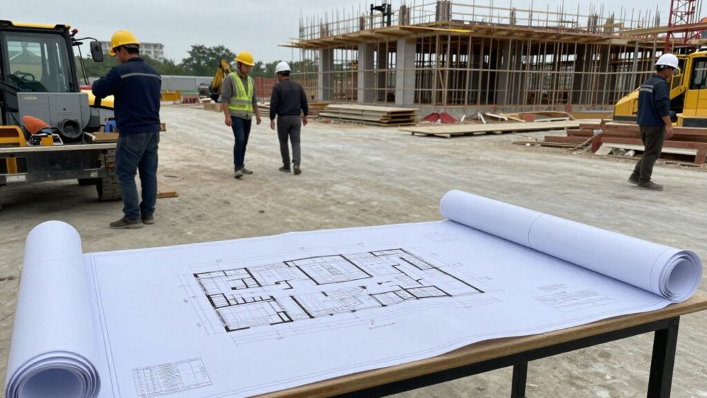 Construction site with machinery, workers, and blueprints.