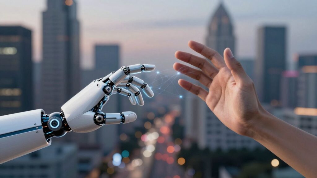 Robot and human hands connecting, digital glow, cityscape background.