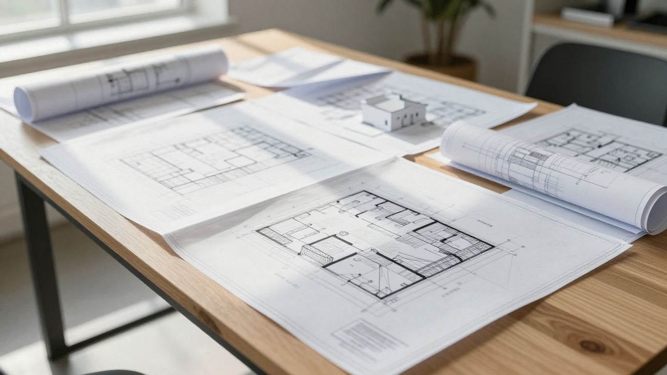 Workspace with blueprints and models for design projects.