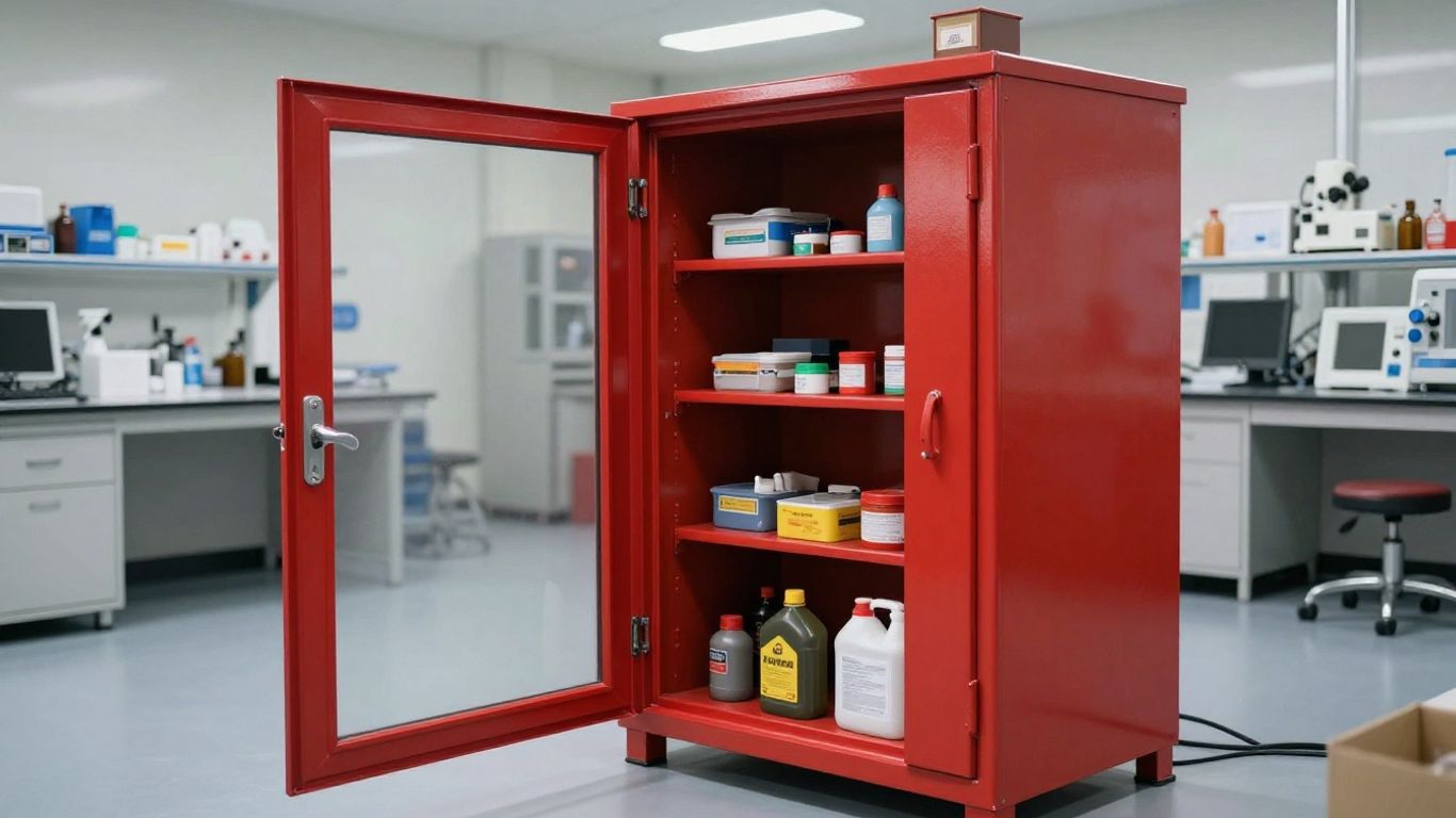 Red fire cabinet storing flammable materials.