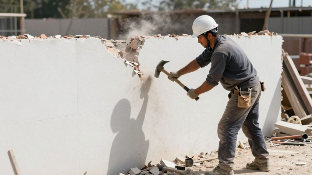 Worker demolishing a non-load-bearing wall with a hammer.