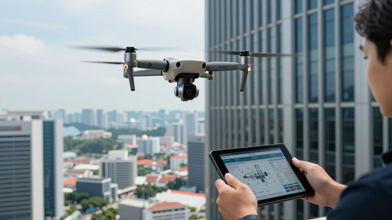 Drone inspecting a modern Singapore building facade.